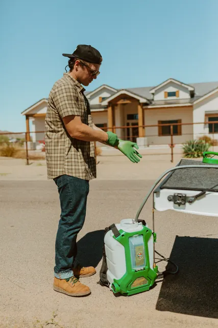 NEARPEST team member preparing a green backpack sprayer beside the pickup