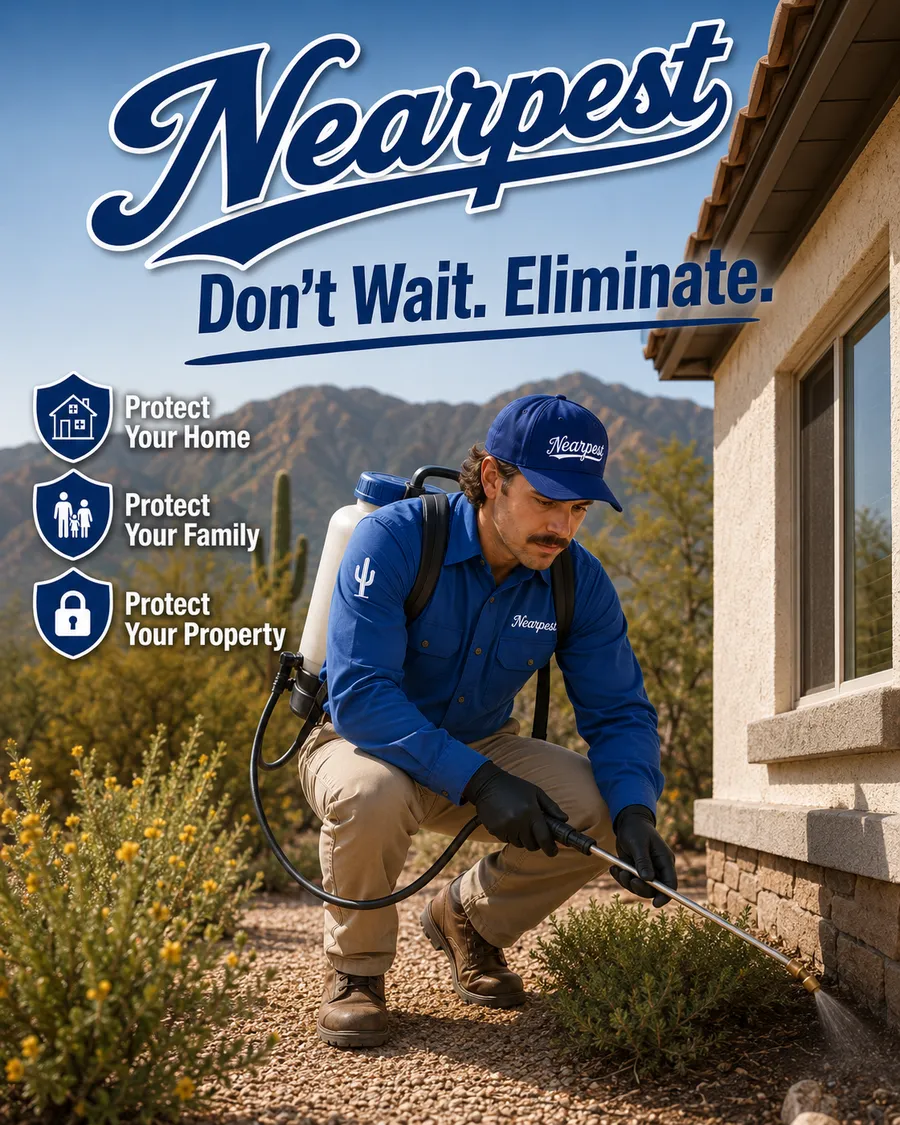 NEARPEST technician treating a desert-edge foundation line in the East Valley — Don't Wait. Eliminate.