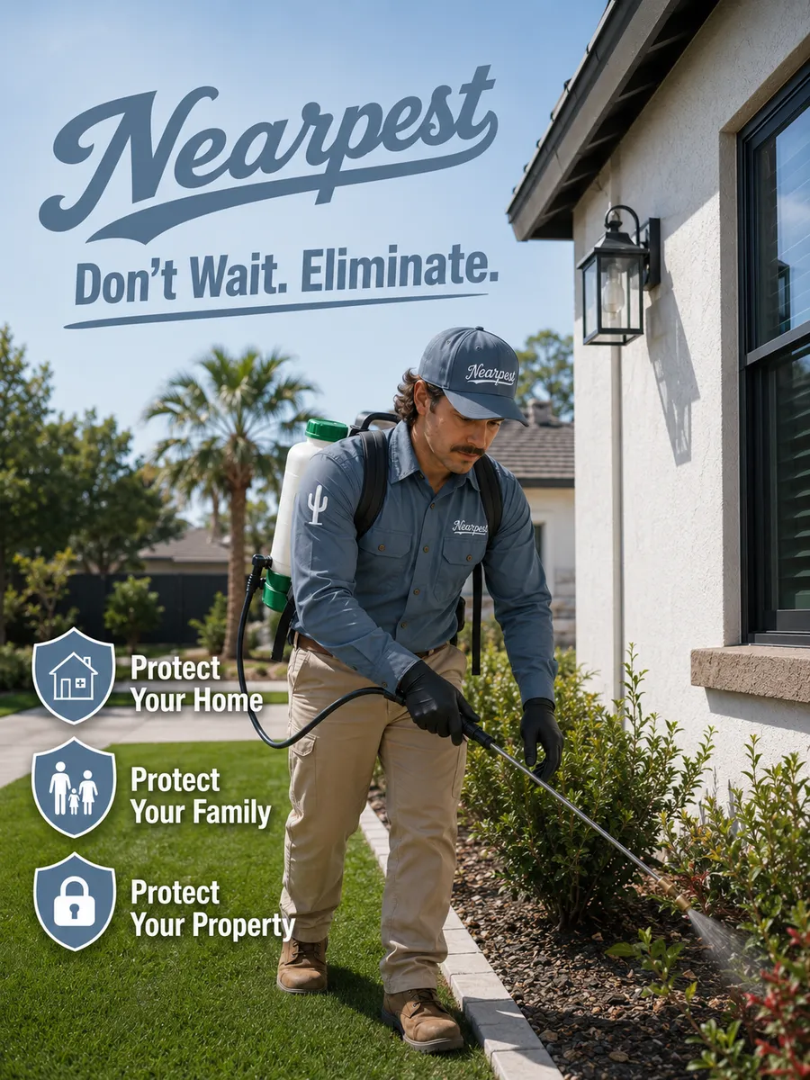 NEARPEST technician treating a landscape bed along a home's foundation — Don't Wait. Eliminate.